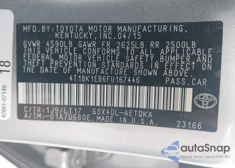 2015 Toyota Avalon Limited/Xle/Xle Premium/Xle Touring/Xle Touring Se from USA, damaged, VIN 4T1BK1EB6FU167446